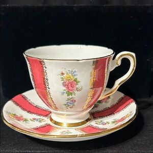 40s Hot Pink with Gold Trim and Floral Patter Teacup and Saucer No Flawless